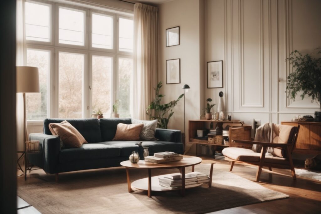 cozy living room bathed in soft light with tinted windows