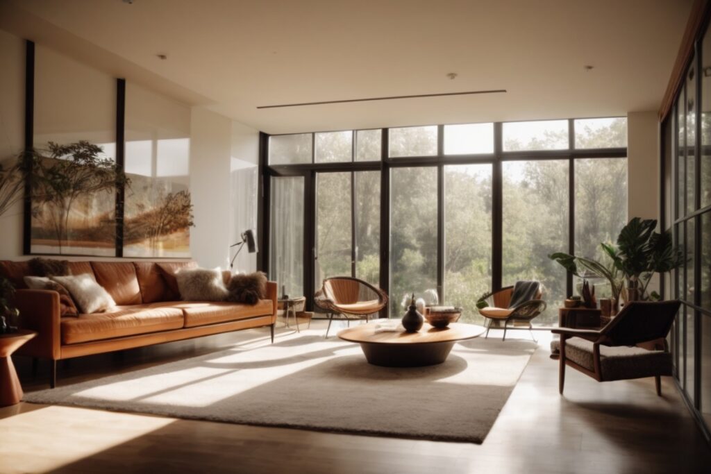 interior living room with tinted windows and sunlight filtering through