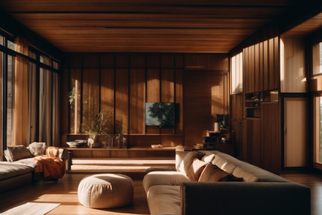 Interior of a home with sunlight filtering through tinted windows