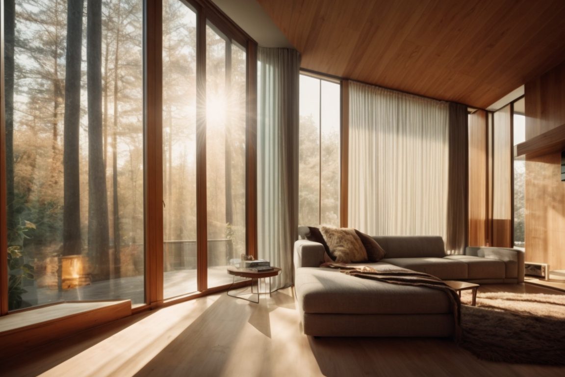 Cozy home interior with climate control window film on windows, sunlight filtered through