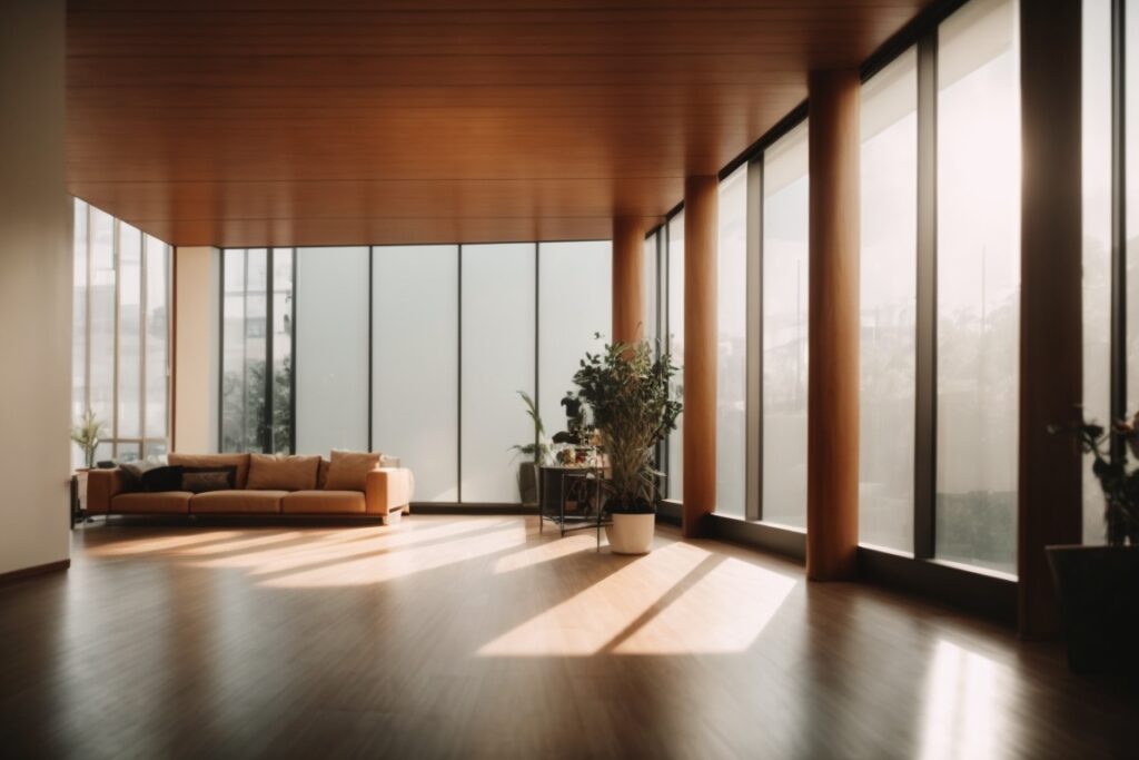 Interior view of a room with glare window film applied, soft ambient light filling the space