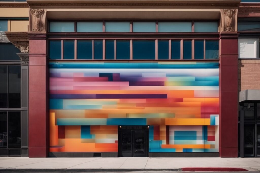 colorful building wrap on a storefront in Salt Lake City to protect against weather