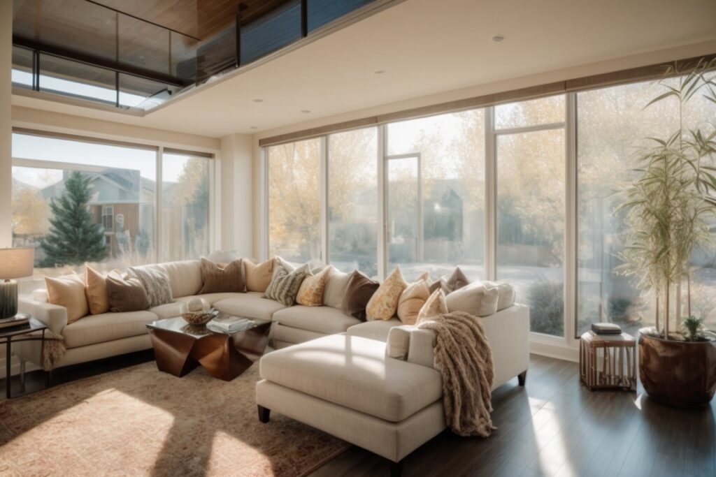 Interior of a Salt Lake City home with decorative window film on glass allowing light but blocking UV rays
