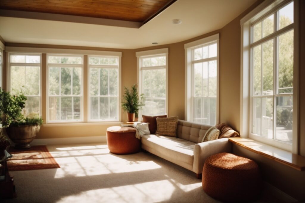 Salt Lake City home interior with opaque windows, sunlight filtering through, enhancing privacy and comfort