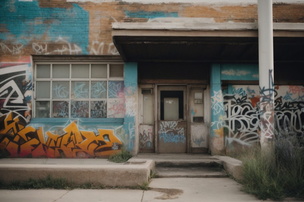 Building exterior in Salt Lake City covered with graffiti needing repair