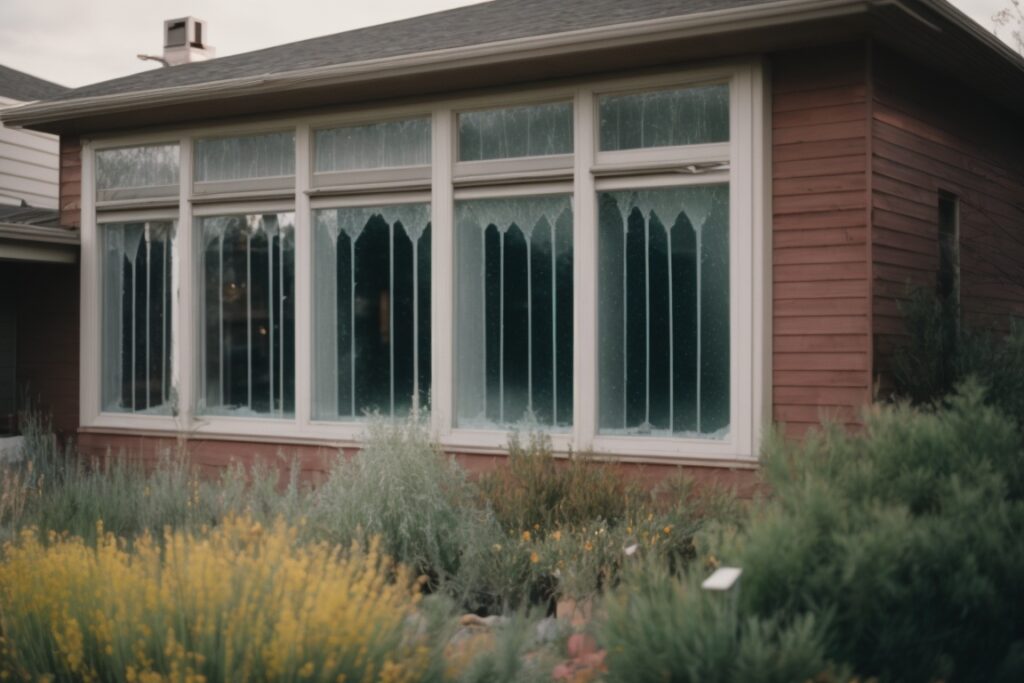 Salt Lake City home with broken glass windows, safety film visible