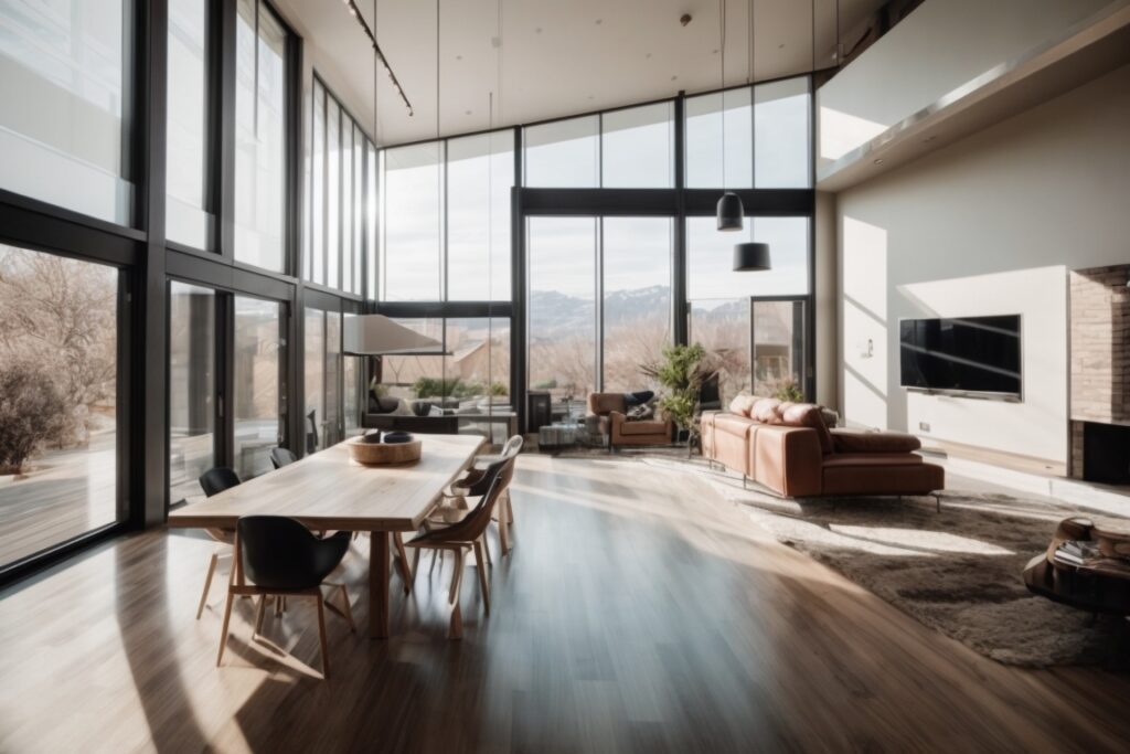 Modern Salt Lake City home interior with energy-efficient window film, reducing glare and heat