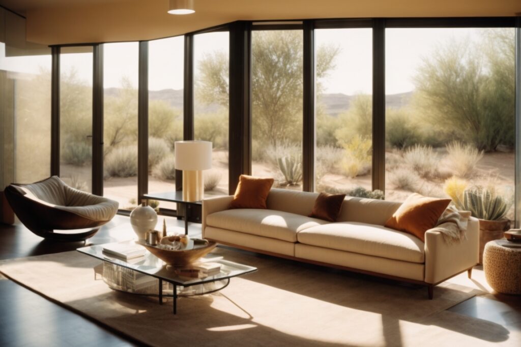 Sunlit living room with solar control window film, desert outside