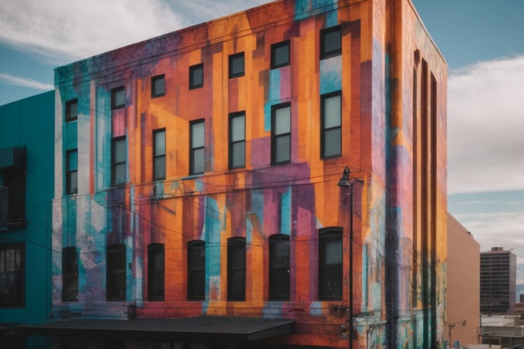 colorful building wrap on urban structure in Salt Lake City with visible mural