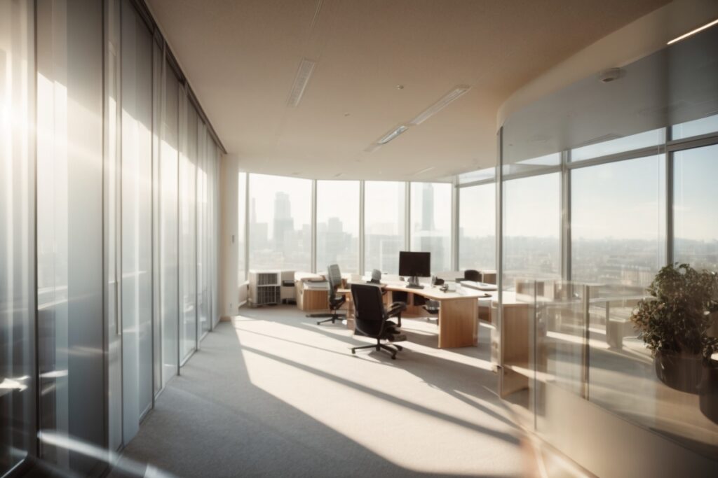 Modern office with sunlight filtering through frosted window films
