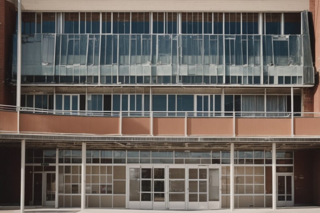 Broken windows on a Salt Lake City school building with anti-shatter film