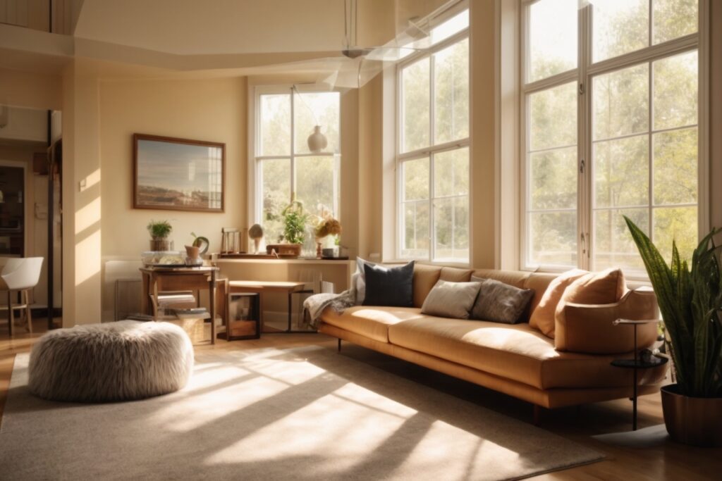 Interior of a sunny room with visible opaque window films, moderating sunlight and protecting furniture.