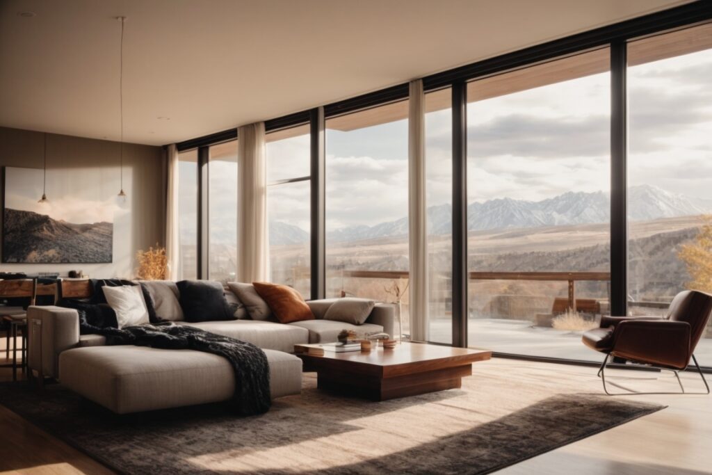 Cozy living room illuminated by energy-efficient tinted windows with Salt Lake City landscape outside