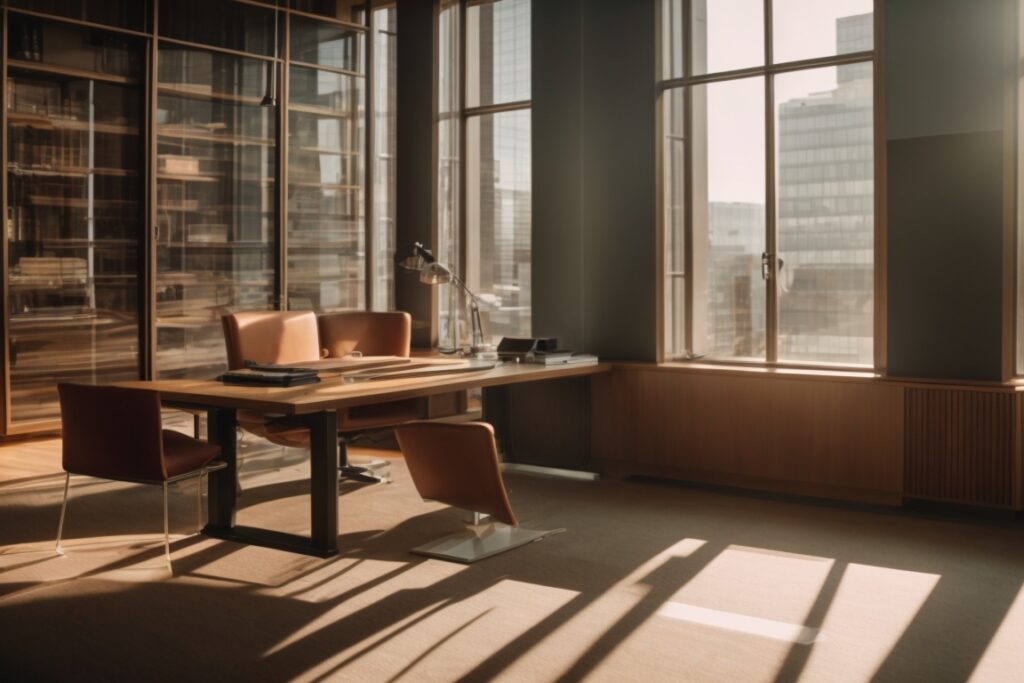 office interior with sunlight filtering through tinted windows