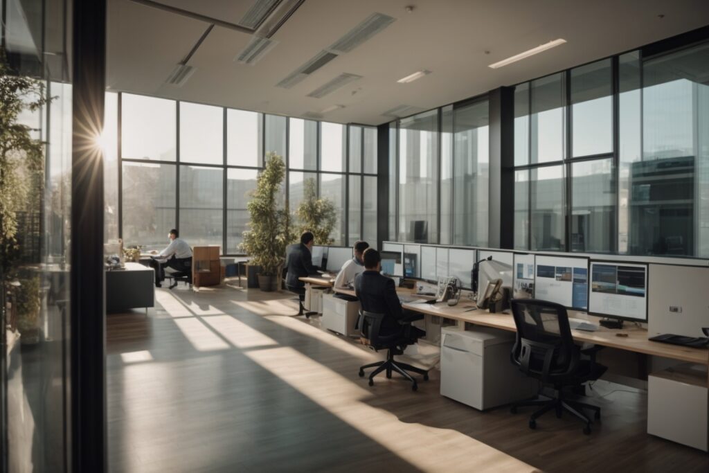 Modern office with sun control window film, employees working comfortably