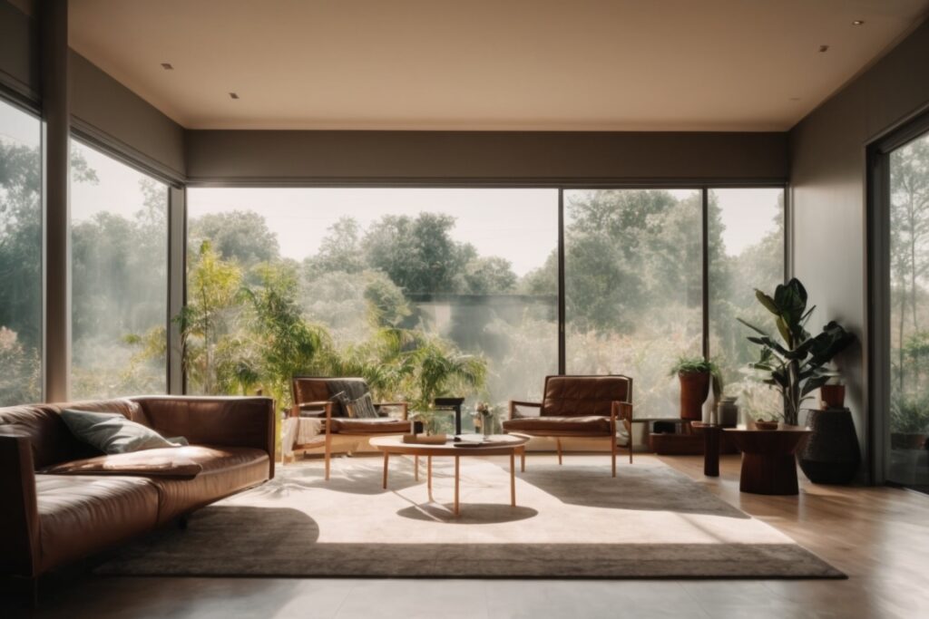 Interior of a modern home with faded window films showing sun damage