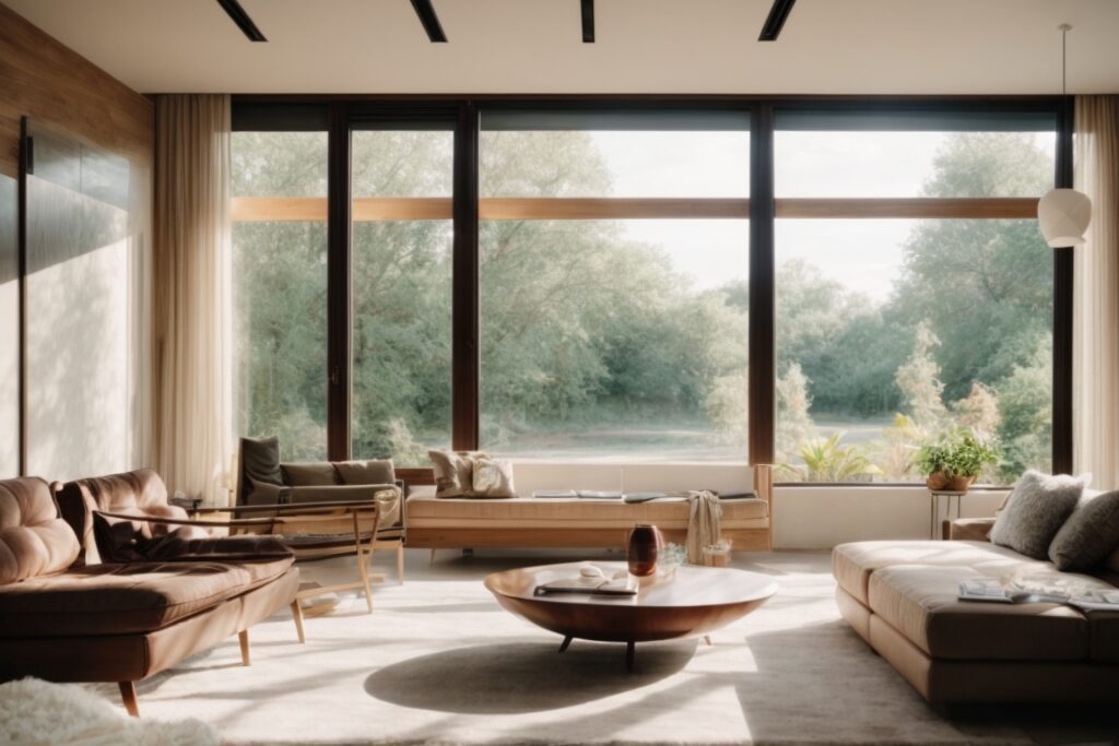 Living room with glare-reducing window film, comfortable furnishings, daylight
