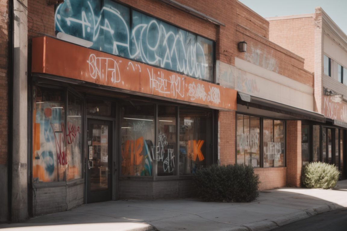 Retail store in Salt Lake City with graffiti on windows and sun filters