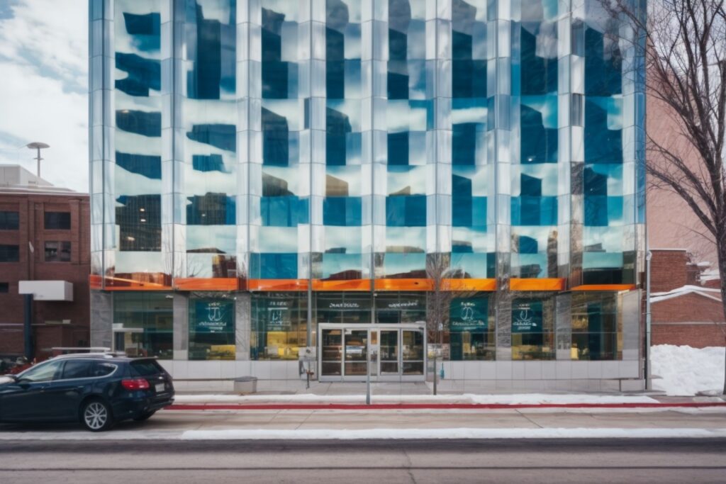 Commercial building in Salt Lake City with vibrant custom window film designs