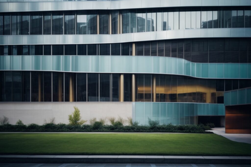 modern office building with large opaque windows enhanced by decorative films
