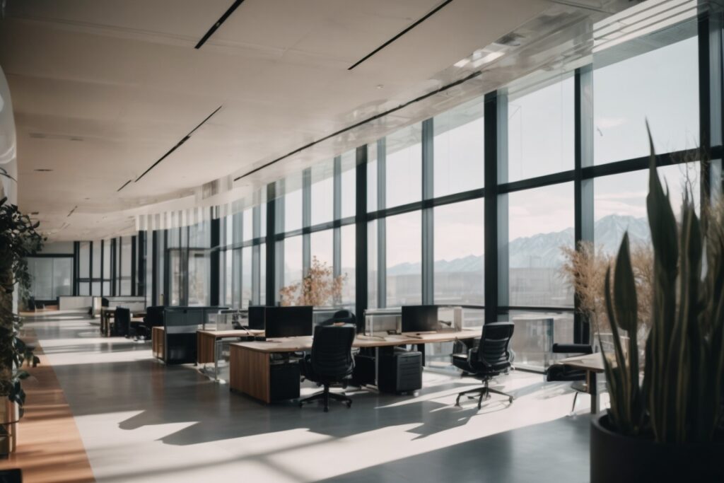 Modern office in Salt Lake City with tinted windows, comfortable workspace