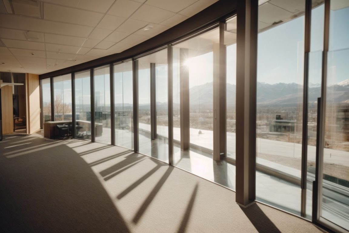 Interior view of Salt Lake City office with glare window film installed, sunny day outside