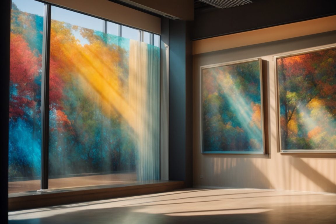 Art gallery interior with sunlight filtering through UV protective window films, showcasing vibrant artwork preservation