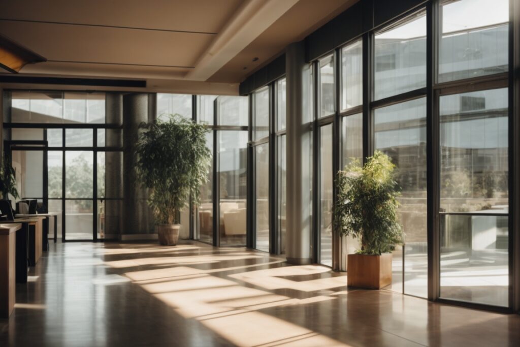 Interior office space with sunlight filtering through tinted window film