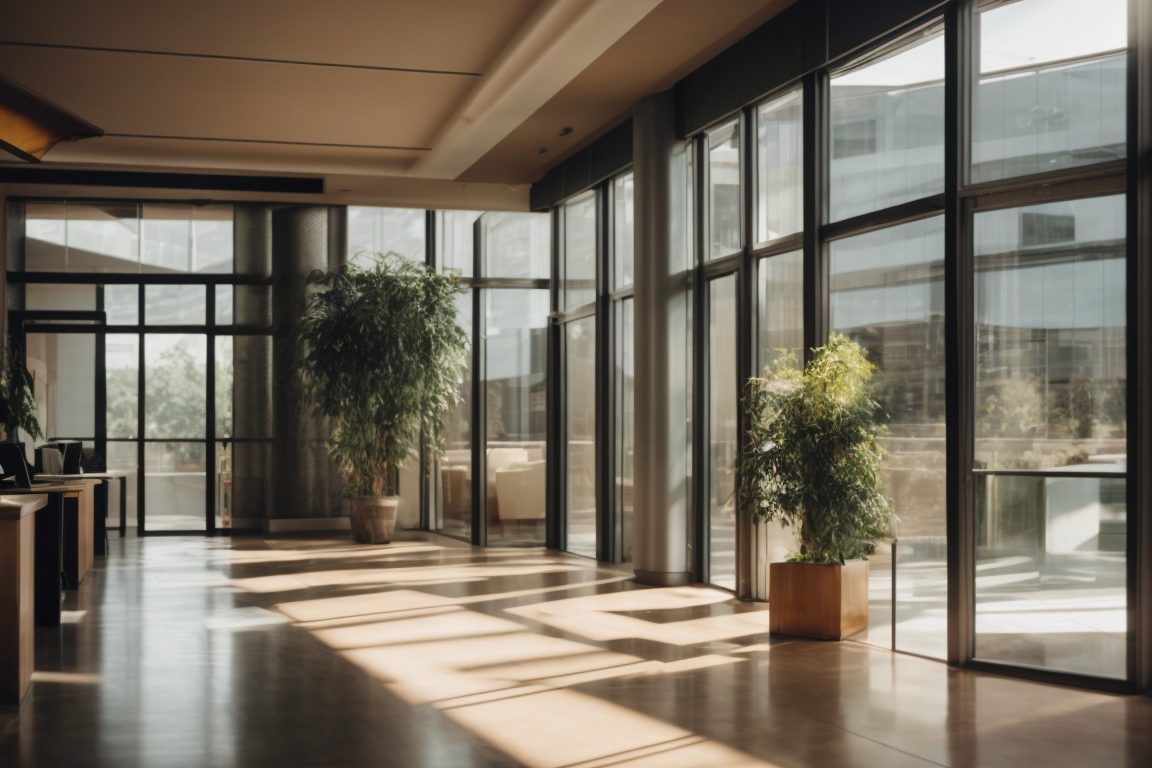 Interior office space with sunlight filtering through tinted window film
