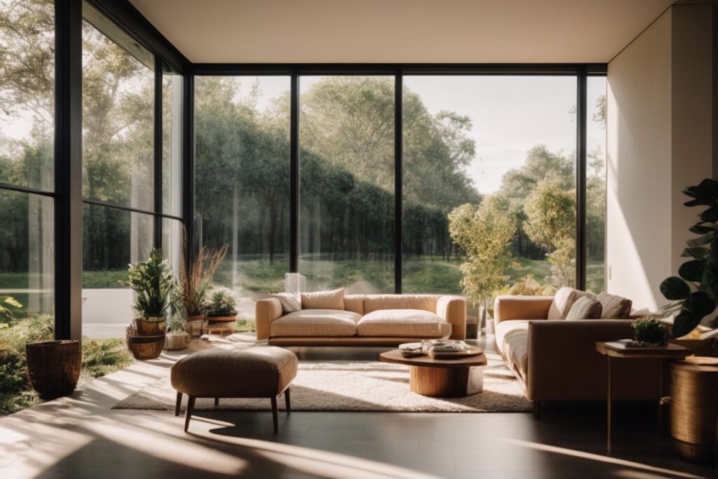 Modern house interior with clear energy efficient window film, sunlight filtering through, preventing intense glare, cozy living room setting.