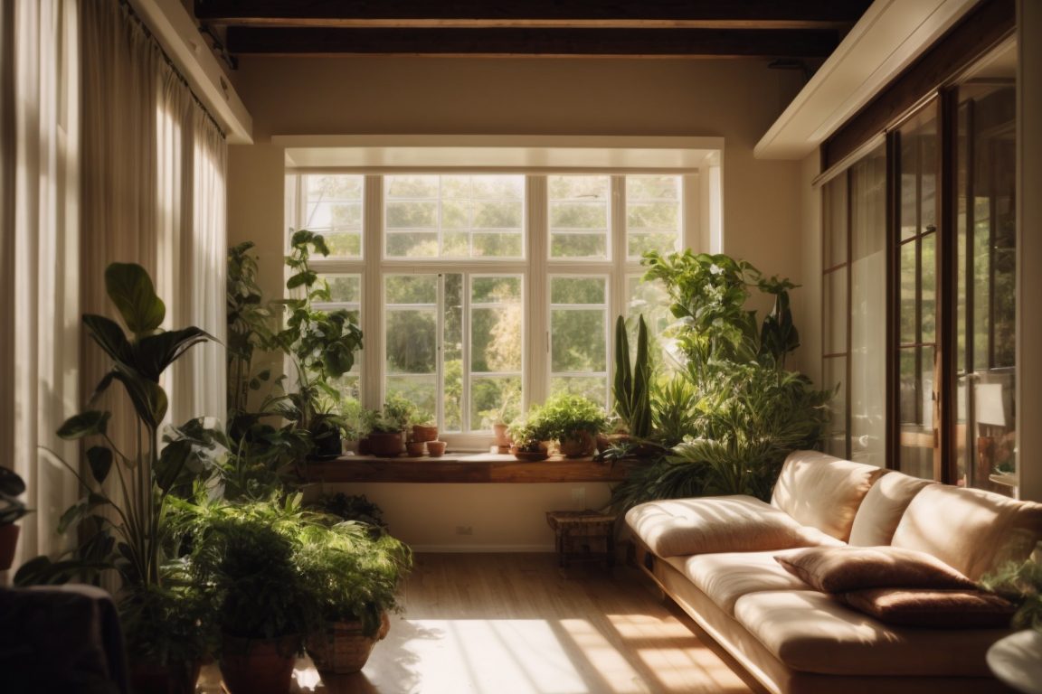 interior of a home with sunlit indoor garden and opaque windows
