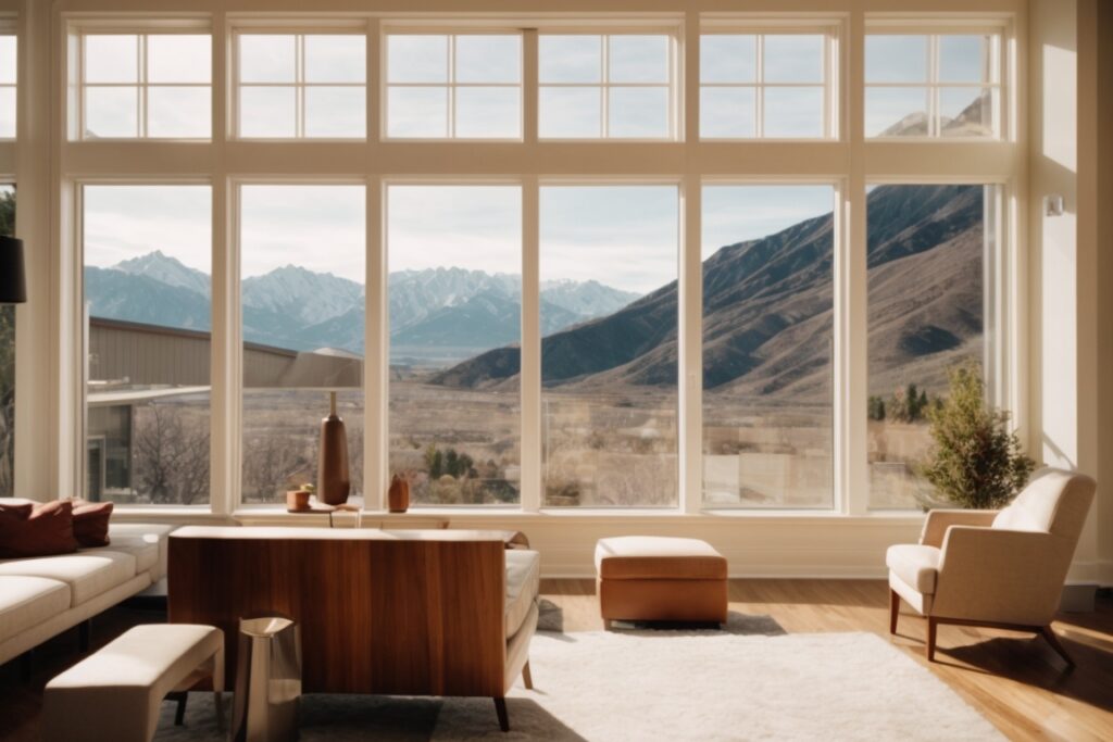 Interior scene of a Salt Lake City home with opaque windows, mountain views visible in the background