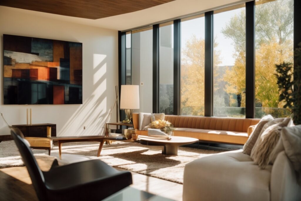 Interior of a Salt Lake City home with decorative window films, sunlight filtering through, highlighting modern furniture and art