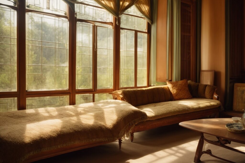 historic interior with energy-efficient windows, sunlit peaceful room with preserved vintage fabrics