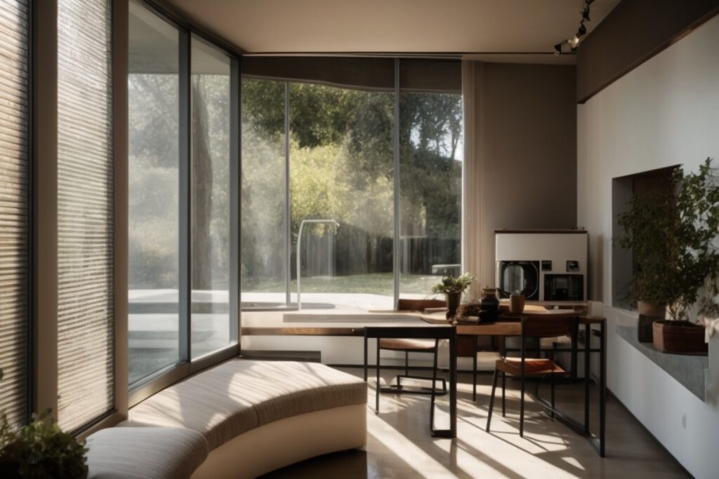 Interior room with heat reduction window film reflecting sunlight